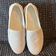 Excellent Condition Mk Shoes Never Worn White Textile Slip-ons With Round Toe, White Slip-ons With Branded Insole, Beige Low-top Slip-ons, White Textile Round Toe Slip-ons, White Low-top Slip-ons With Woven Sole, Textile Low-top Slip-ons, White Textile Flat Slip-ons, Womens Wedge Sneakers, Michael Kors Slip On