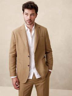 Ventana Italian Linen-Blend Suit Jacket | Banana Republic Mens Tailored Suits, Construction Fabric, Mens Tailor, Brown Suit, Brown Suits, Camping Outfits, Suits And Jackets, Three Piece Suit, Suit Vest