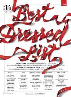 an advertisement for the best dressed list, which features red ribbons and letters that spell out their names