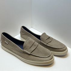 New, Never Worn. 11.5 Inches From Heel To Toe. Grey/Taupe Color. Casual Beige Loafers With Textured Sole, Casual Beige Plain Toe Loafers, Beige Low-top Loafers With Cushioned Footbed, Beige Cushioned Low-top Loafers, Beige Suede Closed Toe Slip-ons, Beige Suede Casual Slip-ons, Casual Beige Suede Slip-ons, Beige Suede Slip-ons With Removable Insole, Beige Casual Loafers With Cushioned Footbed