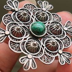 68 Vintage C.40s Filigree Sterling Silver Pendant/Brooch. Cluster With Unsure Green Stone Cabochon In The Middle. Typical Old C-Style Closure. 925 Marked To 2 Spots. It’s In Excellent Condition With Beautiful Natural Dark Patina To All Silver. I Don't Polish Item & Just Send As Is. You Can Polish Whenever You Wish Price Is Firm Item Only (Unless I Mention Abt Packaging Or Tag) But Wrapping Safely Enlarge/See Pics To Check Size & Condition All Sales Are Final. Please See All Pics Lf Any Questions Pendant Brooch, Cabochons Stones, Green Stone, Sterling Silver Pendant, Sterling Silver Pendants, Silver Pendant, Green And Grey, Patina, Vintage Ladies