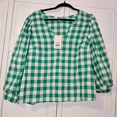 A New Day Top Blouse Plaid Buffalo Check Green White Summer Puff Sleeve Shirt Green Long Sleeve Puff Top For Spring, Fall Gingham V-neck Top, Gingham V-neck Top For Day Out, Spring Gingham V-neck Blouse, Spring Gingham V-neck Top, Gingham V-neck Tops For Spring, Casual Gingham Puff Sleeve Blouse, Casual Gingham Blouse With Puff Sleeves, Casual Gingham Blouse For Brunch