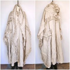 Vintage Huge Fringes Cape Poncho Blanket Coat - Gorgeous *Oversized - Free Size *So Much Fabric! Heavy Weight! Over 4 Lb *Fringes *Huge Pockets *Scarf Attached And Double Collar *Arms Opening With Large Opening *One Hook And Eye Closure - A Little Dirtiness Around It And Just Below Where There Was Maybe A Second One ? *Some Spots/Stains On Back Upper Part - Sold As Is And Priced Accordingly. See Pictures. *Feels Like Raw Wool Untreated And Any Other "Imperfection" Is Not To Consider So But Its T Poncho Blanket, Fringe Cape, Poncho Coat Cape, Pocket Scarves, Poncho Coat, Blanket Coat, Double Collar, Atonement, Sewing Design