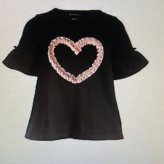 Toddler Girls Ruched Heart Top With Short Bell Sleeve Stretch Tops With Heart Graphic For Spring, Spring Tops With Heart Graphic And Stretch Fit, Spring Tops With Heart Graphic And Stretch, Pink Heart Print Stretch Top, Black Heart Print Top For Spring, Spring Black Top With Heart Print, Black Heart Print T-shirt For Spring, Cute Black Stretch T-shirt, Black Cotton Tops For Valentine's Day