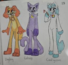 three different colored cartoon cats standing next to each other