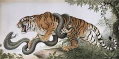 a painting of a tiger with a snake on it's back in the jungle