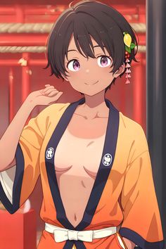 an anime character with short hair and no shirt on, holding her hand up to her chest