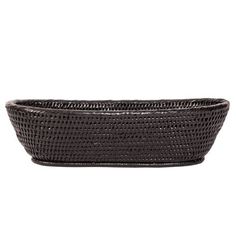 a black woven basket is shown on a white background, with the bottom half empty