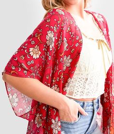 Angie Floral Dip Dye Kimono - One Size - Red , Women's Red Woven flyaway kimono Side vents Body length 37 One size fits most. Layering piece(s) and/or accessories sold separately.. 100% Viscose. Hand wash only. Do not bleach. Dry dry. Iron low. Dry clean.. Measurements: Bust -Fullest part of bust with arms at sides. Waist -Circumference of natural waist: above belly button below rib cage. Hips -Standing with feet together fullest part of hips. WOMEN'S TOP SIZE CONVERSION CHART Size US/CAN BUST W Casual Red Open Front Top, Red Open Front Tops For Spring, Red Open Front Top For Spring, Spring Red Open Front Top, Womens Kimono, Conversion Chart, Waist Circumference, Dip Dye, Rib Cage