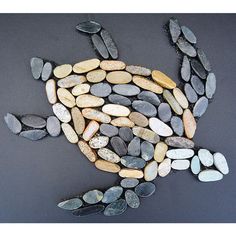 a turtle made out of rocks and pebbles on a black surface with the words sea turtles written in it