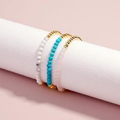 Adorn your wrist with elegance and sparkle with the Bennett Gemstone Bracelet. Crafted with chic gold and mesmerizing turquoise beads, this beautiful bracelet is the perfect accessory to take your look to the next level. Add a touch of luxury and class to your style today. Available in 14k gold plated brass Size: 6" stretch bead bracelet 4mm Turquoise beads Protected with an anti-tarnish barrier SKU: BYB1214 Elegant Turquoise Beaded Bracelets, Elegant Turquoise Crystal Bracelet With Faceted Beads, Elegant Turquoise Jewelry With Gold Beads, Turquoise Elegant Beaded Bracelets, Elegant Turquoise Beaded Stretch Bracelet, Elegant Turquoise Crystal Bracelet With Round Beads, Elegant Turquoise Beaded Bangle Bracelets, Elegant Turquoise Crystal Bracelet, Tennis Jewelry