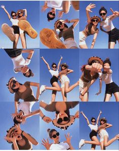 multiple pictures of women in different poses with hats and sunglasses on their heads, arms and legs