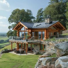 a log cabin with stone walls and green grass