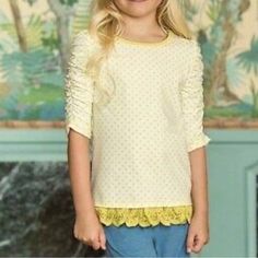 Matilda Jane Rehearsal Time Tee Size 6 From The Make Believe Collection Nwot Lace Hem & Cinched Sleeves Playful Stretch Crew Neck Top, Playful White Stretch Top, Playful Fitted Yellow Tops, Fitted Playful Yellow Tops, Yellow Playful Fitted Tops, Fitted Yellow Playful Tops, Playful Yellow Long Sleeve Top, Long Sleeve Summer Tops For Playwear, Cute Stretch Yellow Tops