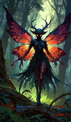 a woman with horns and wings standing in the middle of a forest surrounded by trees