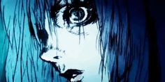 an animated image of a woman with long hair and eyeballs on her face in the dark