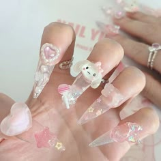 Nails Puppy Design, Kawaii Accessories Hair Styling Tools, Sanrio Press On Nails, Cute Nails With Charms, Gyaru Accessories, Cinnamoroll Nails, Cutesy Nails, Big Nails, Cute Press On Nails