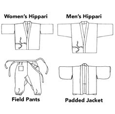 Misses 6-20 (Small - XLarge); Men's 32-44. Patterns and sewing instructions are included for three versatile and comfortable garments – the Hippari, sized for men and women; Monpei, or field pants, for women; and Padded Jacket for women. All are constructed in the time-honored way. The Hippari is a hip-length jacket that overlaps in front and ties at the side. Its front opening is finished with a neckband. Two different elbow-length sleeves are given: for women, a rectangular sleeve with small t Japanese Field, Happy Anime, Japanese Workwear, Japanese Jacket, Japanese Sewing Patterns, Modern Kimono, Male Kimono, Japanese Sewing, Jacket Pattern Sewing