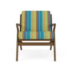 an upholstered chair with multicolored stripes on the back and armrests