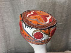 "Great example of a hat from the Uzbekistan region. Machine embroidered with typical Uzbek design. There are many different ethnic groups living in Uzbekistan and this is form one of them. This fits a normal size head. A great example of folk art. This is very clean. Inside measurement is 21\" or 53.34 cm. Shipping and handling and insurance included." Sweater Fits, Mens Costumes, Embroidery Thread, Polynesian Tattoo, Festival Captain Hat, Bend, Folk Art, Hand Knitting, Captain Hat