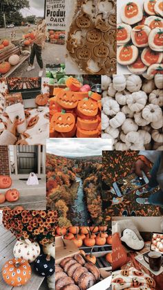 a collage of photos with pumpkins and other items