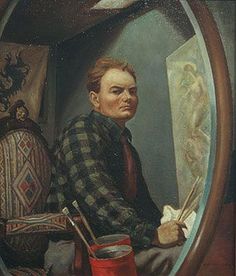 a painting of a man sitting in front of a mirror