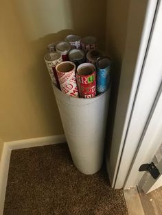 a bunch of cans that are sitting on the floor next to a door and a roll of toilet paper