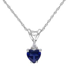 "A heart-shaped, lab-created sapphire center stone serves as the focal point on this 10k white gold necklace, while a diamond accent adds a touch of sparkle. PENDANT DETAILS Pendant length: .48 in. Chain length: 18 in. Chain type: rope Clasp: spring-ring Metal: 10k white gold Packaging: boxed  STONE DETAILS Stone type: lab-created sapphire Total weight: 5/8 ct. Center stone size: 5 mm x 5 mm Shape: heart Setting: prong DIAMOND DETAILS Total weight: 1/5 ct. Shape: round Color grade: G-H Clarity: Formal Heart Cut Birthstone Necklace, Heart Cut Sapphire Birthstone Jewelry, Sapphire Heart Cut Birthstone Jewelry, Formal Sapphire Heart Necklace, Classic Heart Cut Birthstone Necklace, Blue Heart Cut Necklace For Formal Occasions, White Gold Heart Cut Gemstone Necklace, Heart-shaped Sapphire Necklace For Formal, Heart-shaped Sapphire Necklace For Formal Occasions