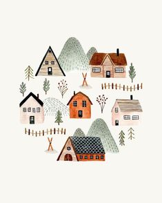 a drawing of houses and trees in the snow