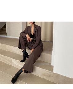 Bureau dame Blazer costumes Vintage deux pièces ensemble femmes à manc – AMAIO Professional Pantsuit With Suit Collar For Fall, Brown Workwear Sets With Suit Collar, Professional Fall Pantsuit With Suit Collar, Spring Brown Office Suits, Business Pantsuit For Fall, Solid Color Business Pantsuit For Fall, Solid Business Pantsuit For Fall, Solid Color Fall Business Pantsuit, Fall Office Blazer With Belt