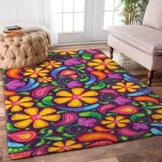 Hippie Colorful Floral Rug, Hippie Rug, Psychedelic Art Rug, Rugs For Living Room, Home Decor Rug Hippie Rug, Flower Rug, Art Rug, Rainbow Room, Velvet Carpet, Colorful Rug, Rugs For Living Room, Painting Furniture Diy, Spacious Living Room