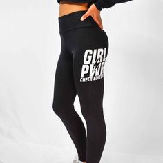 High Rise Leggings- 90% polyester 10% spandex Fitted Sports Leggings With Letter Print, Stretch Workout Leggings With Letter Print, Stretch Yoga Leggings With Letter Print, Trendy Stretch Leggings With Letter Print, Fitted Yoga Leggings With Letter Print, Fitted Letter Print Leggings For Yoga, Trendy Sports Tights, Trendy Stretch Bottoms For Cheerleading, Trendy Full-length Sports Leggings