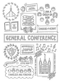 a black and white poster with the words general conference in different languages, surrounded by doodles