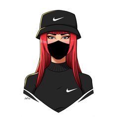 a girl with red hair wearing a black hat and face mask, while she wears a nike cap