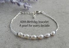 "This freshwater pearl bracelet is makes a great 60th birthday gift for women.  Or if you like freshwater pearls then you will love this pearl bracelet!  It is made with 6 freshwater pearls one for every decade, sterling silver twisted tube beads, sterling silver round beads, and a small crystal on each side for that added sparkle! This would also make a perfect June Birthday gift as pearl is the June birthstone. This bracelet measures about 7\" and has a very sturdy 1\" extension chain giving y White Pearl Bracelet For Anniversary And Mother's Day, White Pearl Bracelet For Mother's Day Anniversary, Elegant Hypoallergenic Bracelets For Birthday, White Pearl Bracelet For Anniversary On Mother's Day, Pearl Charm Bracelets For Anniversary And Mother's Day, Elegant Pearl Bracelet For Birthday, Elegant Round Pearl Bracelet For Birthday, Anniversary Pearl Bracelet For Mother's Day, Silver Pearl Bracelet For Anniversary