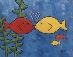 a painting of two fish kissing in the water