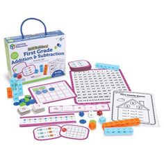 the first grade addition and subtraction game is in its box with matching materials