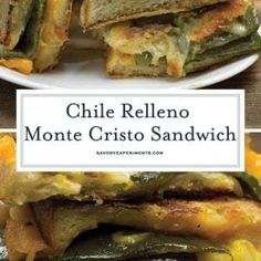 grilled cheese and egg sandwich on a plate with the title chile relleno monte cristo sandwhich