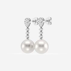 Exude elegance down to the last drop with these pearl and diamond mini drop earrings. The sophisticated design features dazzling lab grown diamond-encrusted studs connected to lustrous pearls by a smaller strand of mini pearls. Add a ladylike gleam to your going out or special occasion looks with these stunning diamond and pearl mini drop earrings. Elegant Round Cut Diamond Earrings, Formal Pear Shaped Diamond Pearl Earrings, Formal Pear-shaped Diamond Pearl Earrings, Elegant White Diamond Clip-on Earrings, Elegant White Diamond Earrings With Brilliant Cut, Elegant Earrings With Timeless Design, Elegant White Diamond Earrings With Accents, Elegant Diamond Earrings With Timeless Design, Elegant Pear-shaped Diamond Pearl Earrings