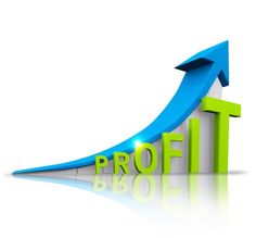 an upward arrow pointing up to the word profits on a white background with reflection in the foreground