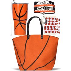 an orange basketball bag with matching accessories and a coffee cup is shown in this image