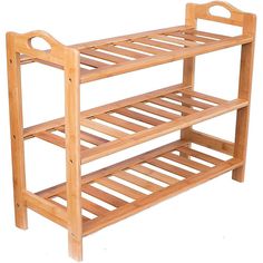 a wooden shoe rack with two shelves on each side and one shelf below the top