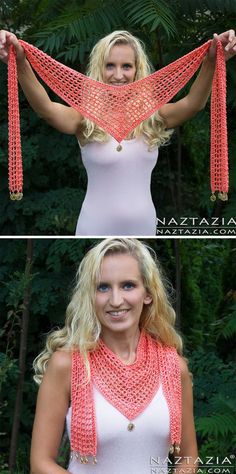 two photos of a woman wearing an orange crochet scarf