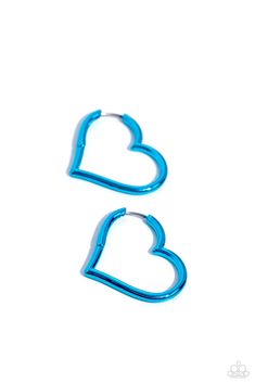 Featuring an electric blue hue, a heart silhouette hoop snugly curls around the ear for a colorfully romantic display. Earring attaches to a standard hinge closure fitting. Hoop measures approximately 1 1/2" in diameter.

 Sold as one pair of hoop earrings. Heart Silhouette, Lanyard Necklace, Heart Hoop Earrings, Kids Bracelets, Party Necklace, The Ear, Paparazzi Accessories, Paparazzi Jewelry, Purple Hues