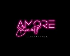 a neon sign that says,'amore beauty collection'in pink on a black background