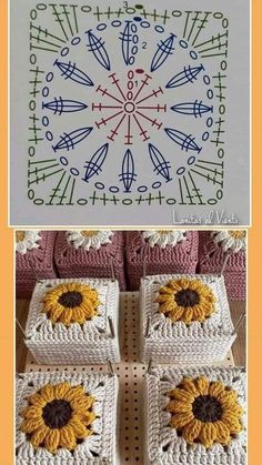 crocheted sunflowers are arranged in squares