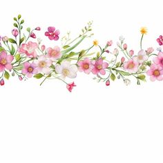 an artistic floral border with pink flowers and green leaves on a white background, watercolor painting