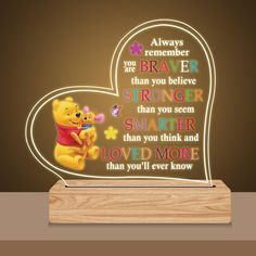 winnie the pooh led lamp with quote on wooden base and light up heart shape