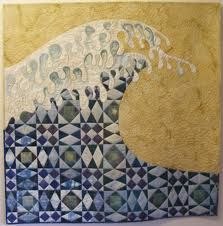 an abstract painting with blue, yellow and white designs on it's surface in the shape of a wave