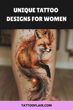 a woman's thigh with an image of a fox on it and the words unique tattoo designs for women